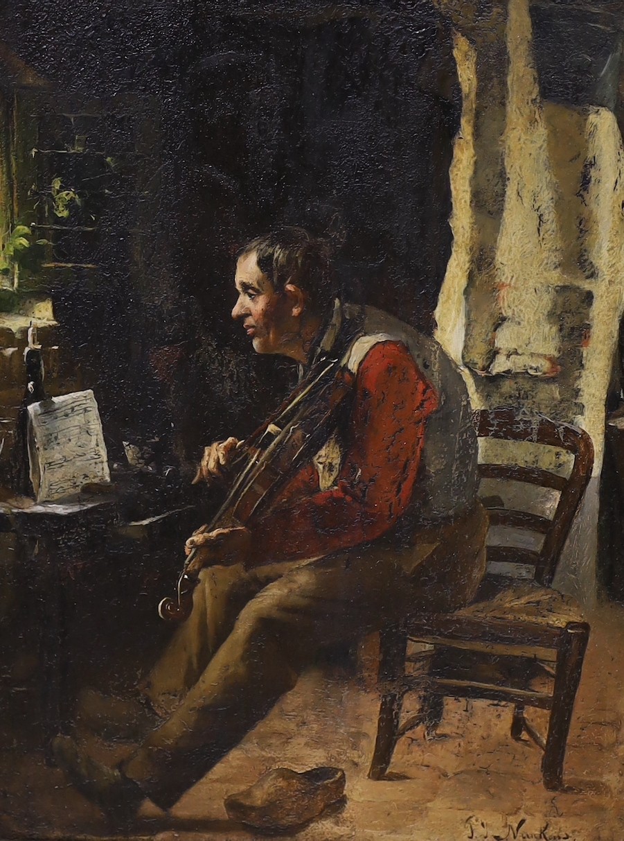 P.Y. Vankens (19th C. Dutch), pair of oils on wooden panels, Elderly lady at a spinning wheel and Man playing a violin, signed, one dated 1890, 29 x 22.5cm